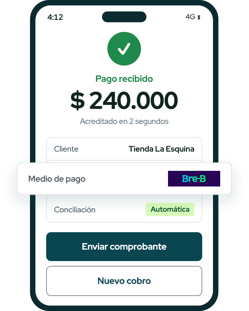 Confirmación de un pago recibido por Bre-B en Trazo